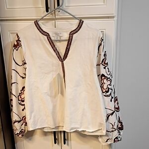 New! Calypso St. Barth Embroidered Long Sleeve Linen Blend Top Medium